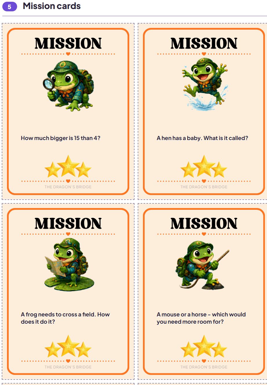 Printed mission cards with cut lines